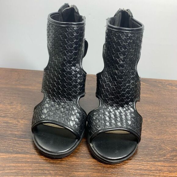 C est 1946 Women's Leather Zip Up Open Toe Ankle Block Heel Boots Black Size 6 - Picture 2 of 9